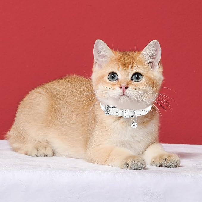 PUPTECK 2 PCS Soft Genuine Leather Cat Kitten Collar with Bells Adjustable for Girl Boy Cats Puppy - White, Deep Green