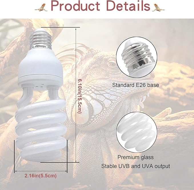 UVB Light Bulb for Reptiles, 26W 10.0 UVA UVB Heat Lamp Bulbs Ideal for Rainforest Reptiles, Bearded Dragons Lizard Turtle Tortoise Iguanas Chameleons Snake (2 Pack)