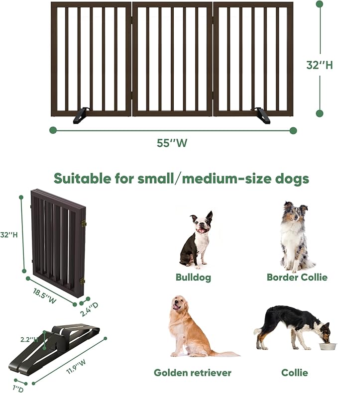 Dog Gates for Doorways, Tall Dog Gate Indoor, Foldable Pet Gates for Doorways Bedroom, Freestanding Puppy Gate with Metal Support Feet, Room Divider,3 Panels (Browm)