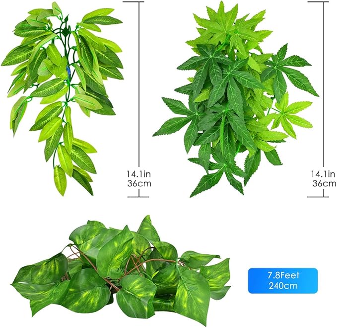 KATUMO Reptile Plants, 3PCS Amphibian Hanging Plants with Suction Cup for Lizards, Geckos, Bearded Dragons, Snake, Hermit Crab Tank Pets Habitat Decorations