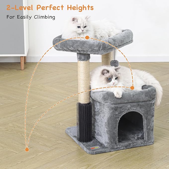 Small Cat Tree with Scratching Post Indoor, Cat Trees for Indoor, Cat Tower with Condo, Plush Cozy Perch, Massage Brush, Activity Hanging Pompoms
