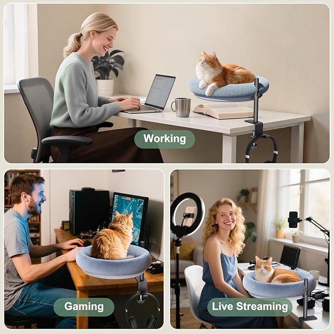 Cat Desk Bed, 360-Degree Rotating Hammock Perch, Cat Bed with Height Adjustable, Machine Washable, Gray