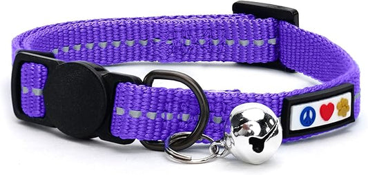 Pawtitas Recycled Cat Collar with Reflective Stitched and Safety Buckle Removable Bell Reflective Cat Breakaway Collar Made from Plastic Bottles - Purple Quartz Cat Collar.