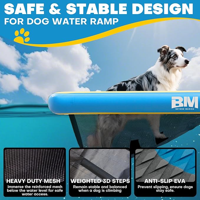 Beyond Marina Dog Pool Ramp - Pup On! Inflatable Water Ramp for Lake Docks Dog Boat Ramps Pup Plank Floating Pontoon Ladder Steps Up to Extra Large Non-Slip EVA Platform