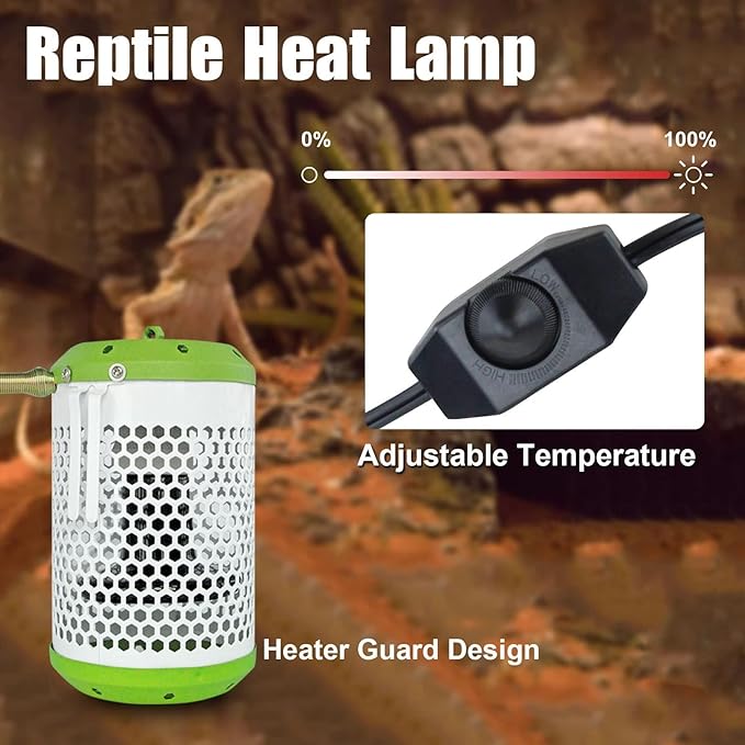 Reptile Heat Lamp with Guard, Ceramic Heat Lamp Bulb with Anti-Scald Lampshade, Adjustable Reptile Ceramic Heat Lamp from 0-100W, for Turtle, Snakes, Lizards, Frogs, Bird, No Light Only Heat (Big)