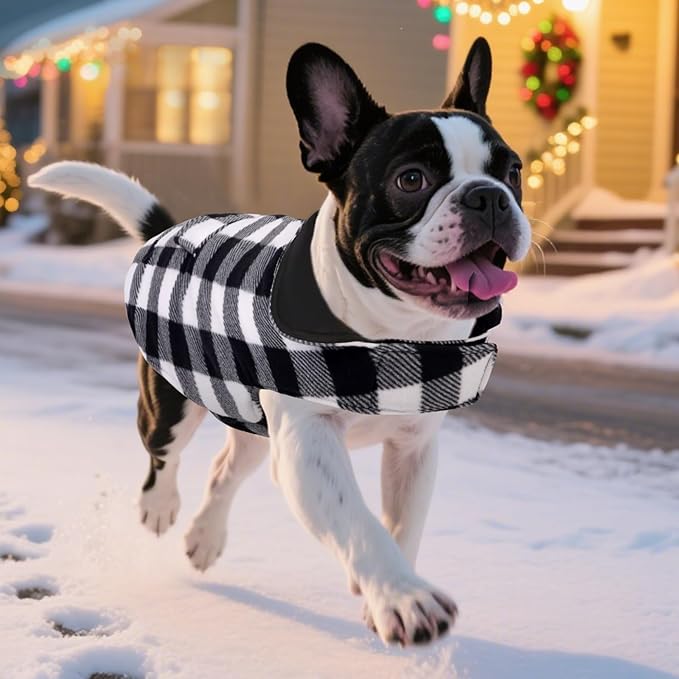 ASENKU Dog Winter Coat, Fleece Doggie Jacket Plaid Reversible Vest Waterproof Windproof Cold Weather Clothes for Small Medium Large Dogs (L, White)