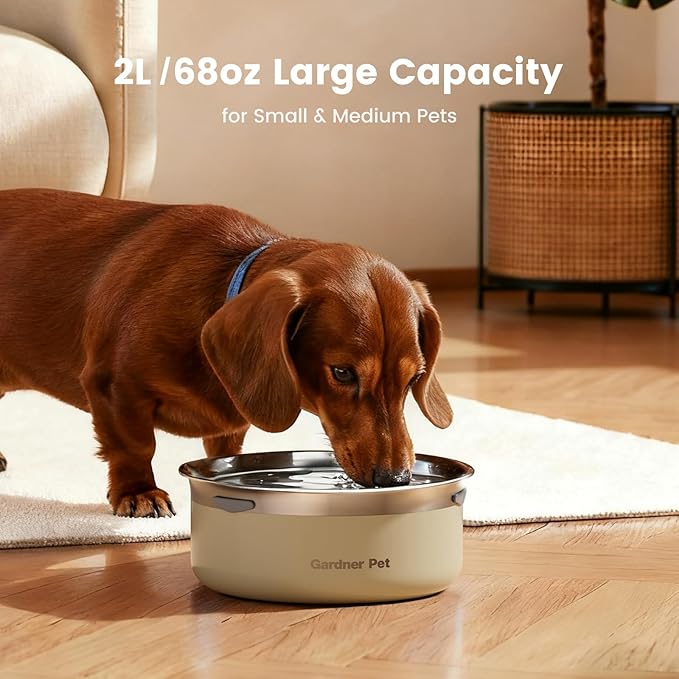Gardner Pet Slow Water Bowl for Dogs, 2L/68oz Spill-Proof Pet Water Bowl with Floating Disk, Stainless Steel No-Spill Water Dispenser for Small & Medium Pets