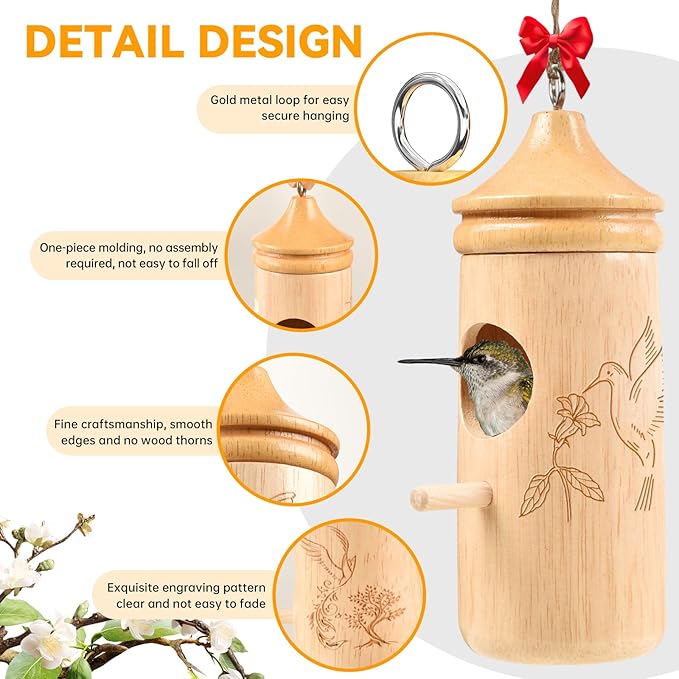 Hummingbird House, Solid Wood Hummingbird Houses for Outside-Exquisitely Handcrafted Birdhouse with Ribbon and String Hanging Kit, Durable Garden Decor, Perfect Gardening Gift(Style-EFG, 3 Pack)
