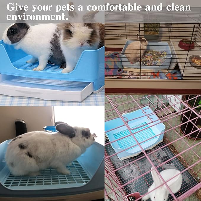 Tfwadmx Large Rabbit Litter Box Bunny Corner Toilet Potty Trainer with Drawer Bigger Pet Pan for Adult Guinea Pig Chinchilla Ferret Hedgehog and Other Animals (Blue)