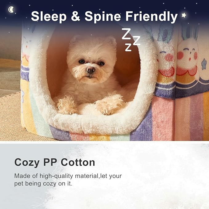 JIUPETY Cute Small Dog House Indoor, Foldable House Kennel Bed Mat with Cushion, L Size Tent Up to 25 Lbs, Dog Cave Bed with Non-Slip Bottom, Rainbow