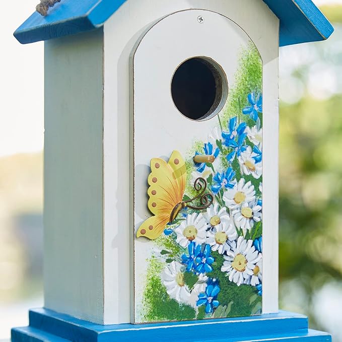 Glitzhome Bird Houses for Outside, 11.75" H Distressed Solid Wood Birdhouses Hummingbird House Daisy with Butterfly Garden Hanging Bird House for Outdoors