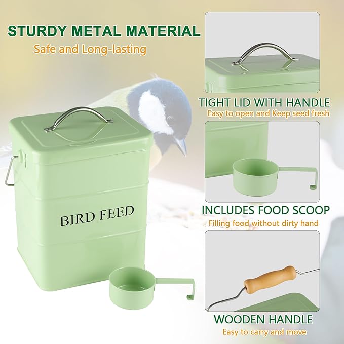Bird Seed Storage Container Airtight,5~6LB Metal Bird Food Container with Scoop,for Storing Sunflower Seed-Ideal for Outdoor or Indoor-Squirrel Proof -Green