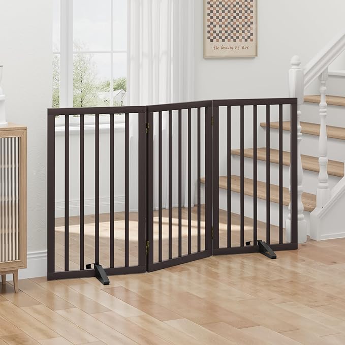 Dog Gates for Doorways, Tall Dog Gate Indoor, Foldable Pet Gates for Doorways Bedroom, Freestanding Puppy Gate with Metal Support Feet, Room Divider,3 Panels (Browm)