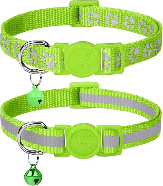 Taglory Reflective Cat Collar Breakaway with Bells, 2 Pack Girl Boy Pet Cat Collar Adjustable 7.5-12.5 Inch, Green