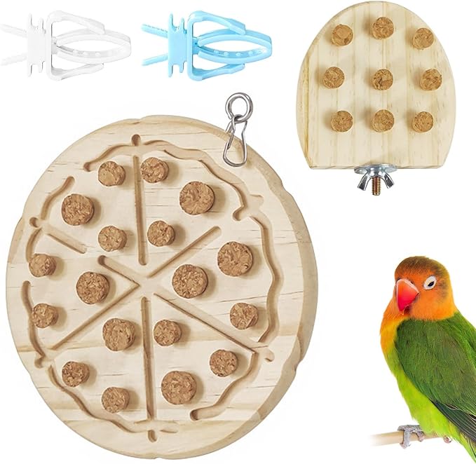 2 Pcs Bird Chew Toy Wooden Foraging Toys, Hanging Wooden Puzzle Foraging,Parrot Cork Stopper Toys Birds Feeding Toy,2 Pcs Bird Cage Food Holder Fruit, for Small and Medium Parrots(F)