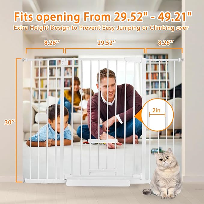 30 Inch Tall Baby Gate with Small Cat Door, Adjustable Auto Close Dog Gate Easy Walk Thru Pet Door for Stairs, Doorway, House (White, 29.52"-49.21")
