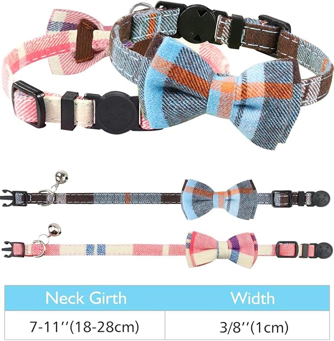 Joytale Upgraded Cat Collar with Bells, Breakaway Cat Collars with Bow Tie, 2 Pack Girl Boy Safety Plaid Kitten Collars, Haze Blue+Pink