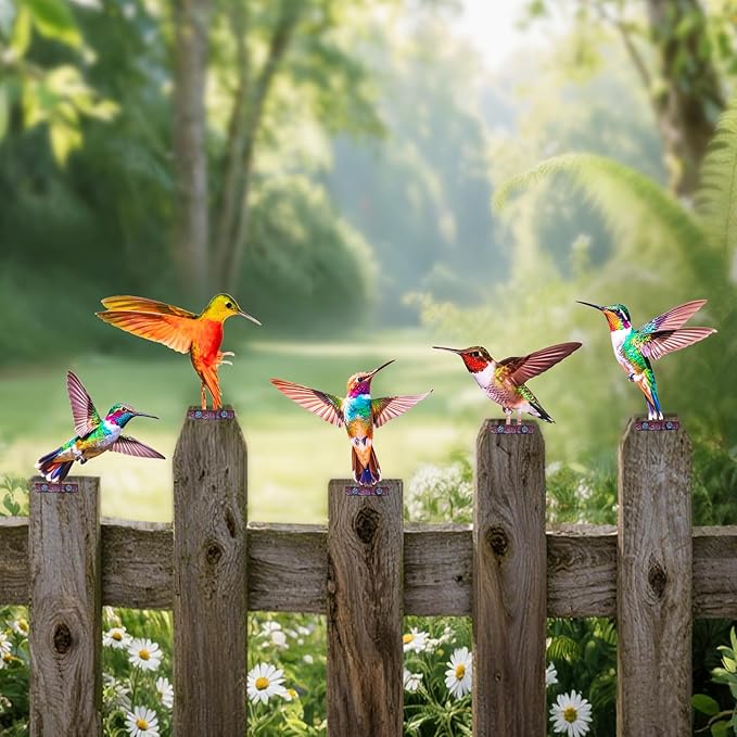 HUYIENO 5PCS Vibrant Metal Bird Decorations Colorful 2D Garden Fence Ornaments for Outdoor Patio & Bird Lovers Hummingbird