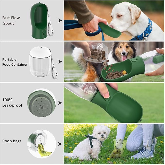 20oz Dog Water Bottle with Food Container & Poop Bag Dispenser | Leak-Proof Portable Pet Water Dispenser with Carabiner Clip | for Walking, Hiking, Travel