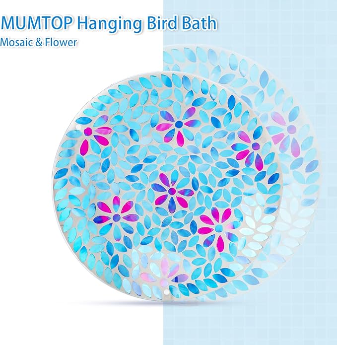 MUMTOP Mosaic Hanging Bird Bath-Bird Baths for Outdoors - 12 Inch Glass Bird Water Bowl Bird Feeders for Outside, Garden, Lawn Yard Decor(Blue)