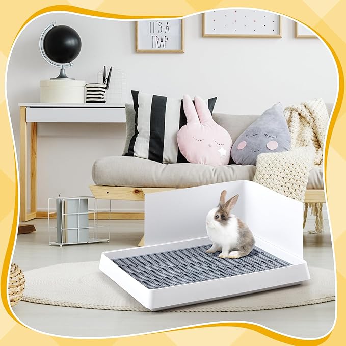 Uiifan Large Rabbit Bunny Litter Box Guinea Pig Litter Tray 22.5 x 17.9 x 3.07 Inch Small Animal Pet Toilet Potty Pan Rectangular Rabbit Bedding Tray Ferrets Cage (White and Pink)