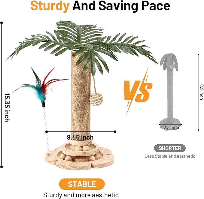 Palm Tree Cat Scratching Post Sisal Cat Scratch Pole with Hanging Ball,Wooden 2 Level Track,Interactive Toy for Indoor Small Kitten