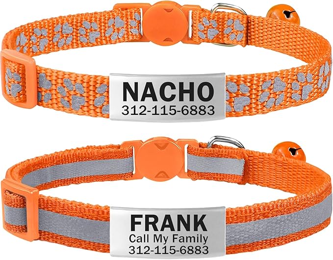 TagME 2 Pack Cat Collar with Name Tag, Personalized Reflective Cat Collar Breakaway with Bell for Boy & Girl Cats, Orange