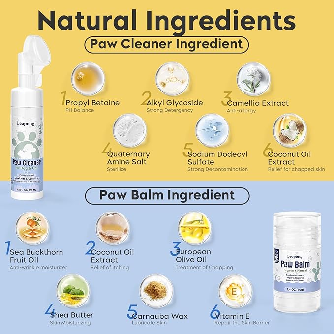 Dog Paw Care Kit - Cleaner for Large, Medium, Small, XL Breeds - Balm for Healing, Repairing & Restoring Dry, Cracked Paws & Nose - Protector for Pet Foot Washer Care