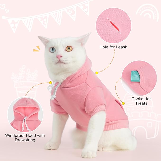 BEAUTYZOO Dog Hoodie & Cat Sweater for Small Dogs Puppy Girls Boys, Fleece Lined Warm Winter Fall Dog Clothes with Leash Hole and Pocket, Ultra-Soft Pet Jacket Coats Kitten Clothing, Pink L