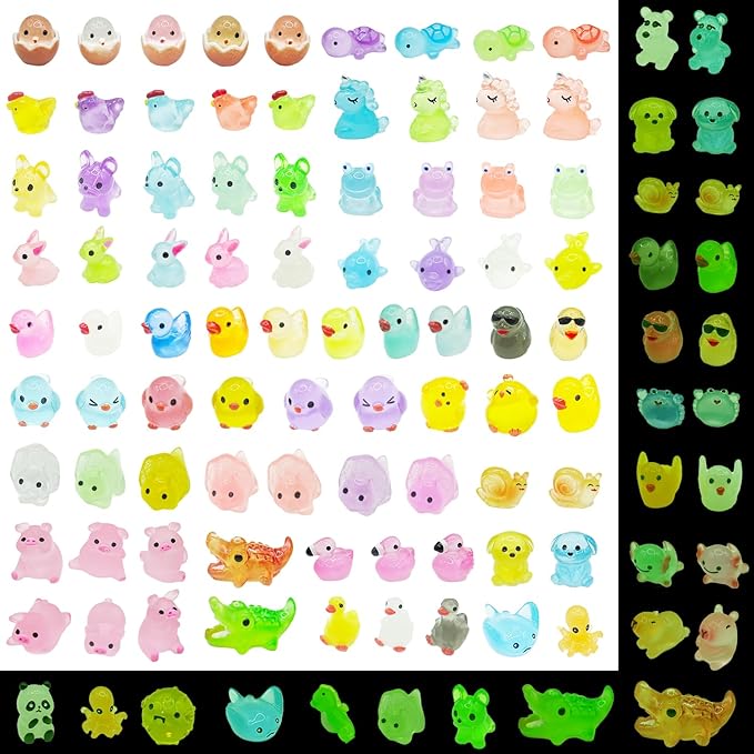 105 Pcs Luminous Mini Resin Animals Miniature Animals Figurines Tiny Little Animals Glow in Dark Small Animal Figures to Hide Mini Animals Micro Landscape Ornaments Fairy Garden Accessories