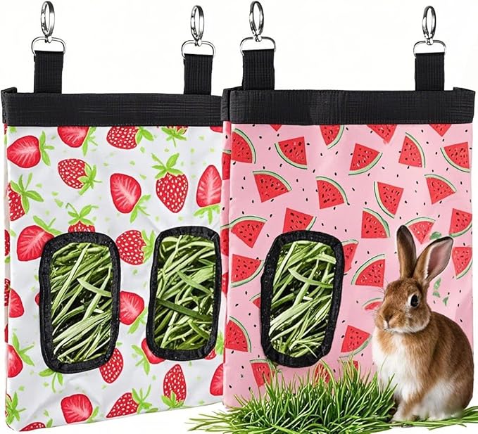 DZWLKJ Guinea Pig Hay Feeder, 2 Pack, 10 x 8 x 0.2 Inches, Stainless Steel, Rabbit Hay Bag, 600D Oxford for Small Pets,Chinchilla,Hamsters