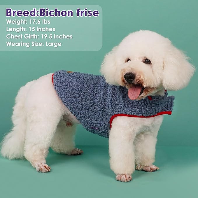 cyeollo Fleece Dog Jacket Sherpa Cozy Winter Dog Sweaters Reversible Pet Clothes Warm Cold Weather Coats for Small Dogs, Blue XL