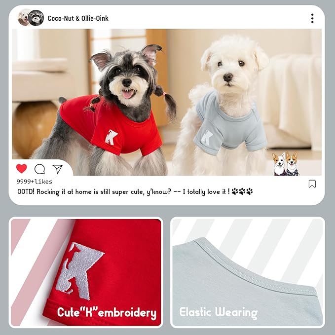 Koneseve Dog Shirt Breathable Cotton Stretchy Tee for Small Pets 2-Pack Sunny Red & Smoky Blue XS