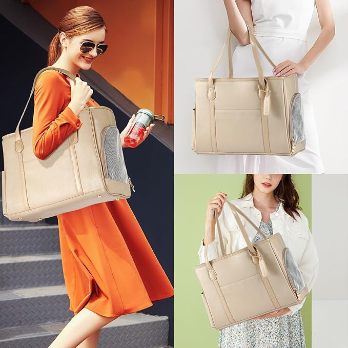 Stylish Dog Purse Carrier, Leather Pet Carrier Bag for Small Dogs Cats Puppy, Airline Approved Soft-Sided Carrier Ivory