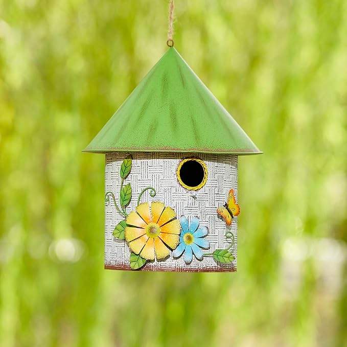 Glitzhome Bird Houses for Outdoors, Blue Bird House for Outside, 11" H Stylish Distressed Metal Cottage Decorative Birdhouse with a Cluster of 3D Flowers and Butterfly for Garden Patio Backyard