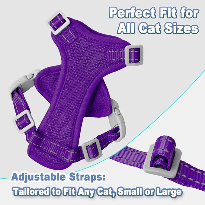 Cat Harness and Leash Set Escape Proof for Kitten Walking, Soft Adjustable Top Handle Vest Harnesses for Cats, Easy Control Breathable Reflective Small Medium Large, Purple, XXS