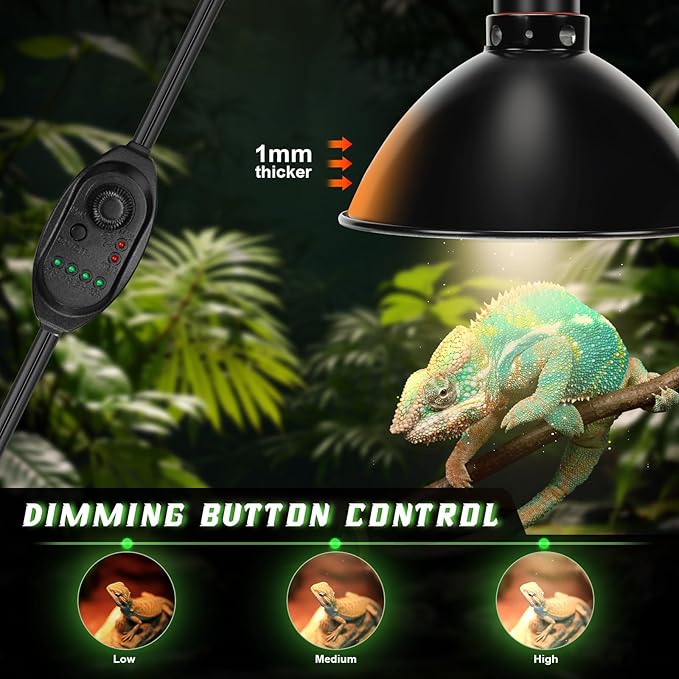 Reptile Light Fixture with Dimming Switch and Timer, 8.5 Inch Deep Dome Reptile Heat Lamp Fixture, Reptile Lamp Fixture Cap for UVB Bulb Basking Heat Bulb for Reptile Glass Terrariums, 1PCS