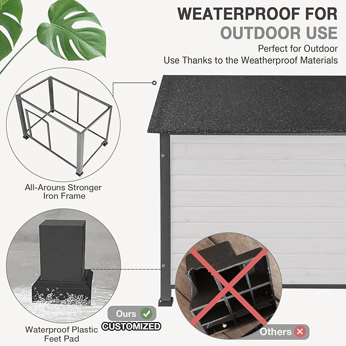 Dog House Outdoor Dog House for Small Medium Large Dogs, Natural Wood with Iron Frame, Waterproof Roof Raised Feet (43.3" L-White)