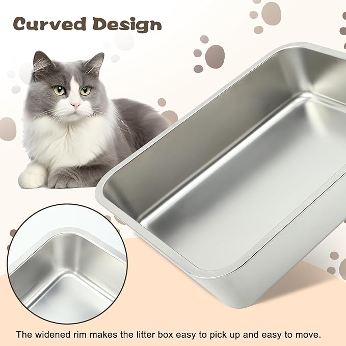 Rypet 2 Packs Stainless Steel Litter Box Metal Litter Box for Cats High Back Litter Boxes Non-Stick Cat Poop Box๏ผEasy to Clean(17.7"*13.8"*3.9")
