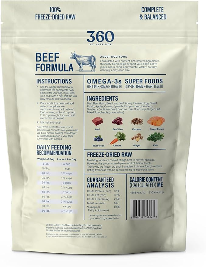 360 Pet Nutrition Raw Freeze-Dried Dog Food, High Protein, Balanced Meal, Chicken, Liver, Heart, Fruit, Veggies, Superfoods, No Fillers (5 Ounce (Pack of 1), Beef)