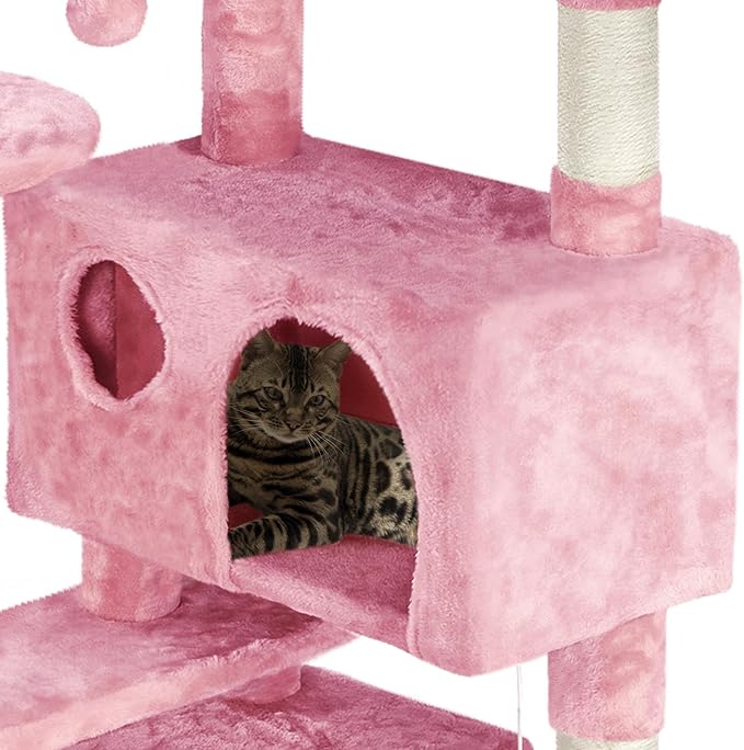 Yaheetech 62in Cat Tree Tower for Indoor Cats, Furniture w/Double Condo, Scratching Posts, Multiple Platforms and Balls for Kittens, Pink