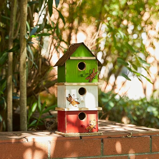 Glitzhome 13.75" H Multicolored Three-Tiered Distressed Solid Wood Birdhouse Garden Hanging Bird House for Outdoors