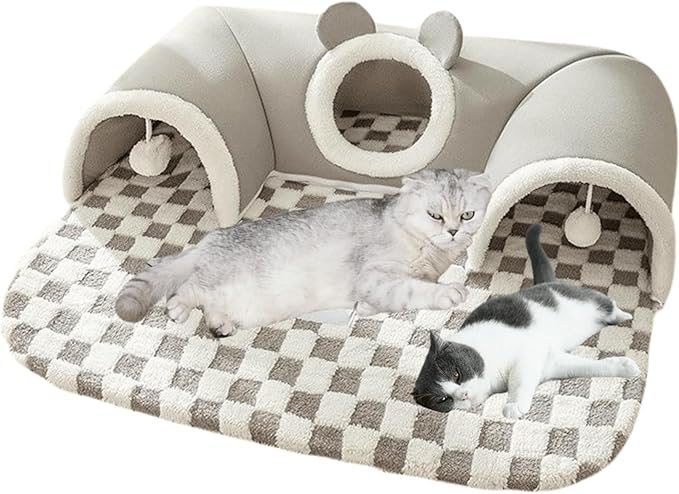 Cat Tunnel Bed Indoor,Cat Peekaboo Cave Bed for Multiple Cats,Kitty Tube with Cat Balls Toys,Removable Cat Bed House Washable,Small Animal Tunnel for Kitty,Bunny (Grey,X-Large)