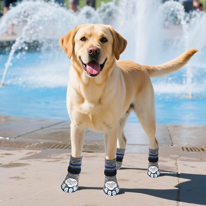 PUPTECK Non-Slip Dog Socks to Prevent Licking Paws, Double Sides Dog Boots & Paw Protectors Booties on Hardwood Floors Hot Pavement with Grippers, for Small Medium Large Senior Dogs, Navy Blue L