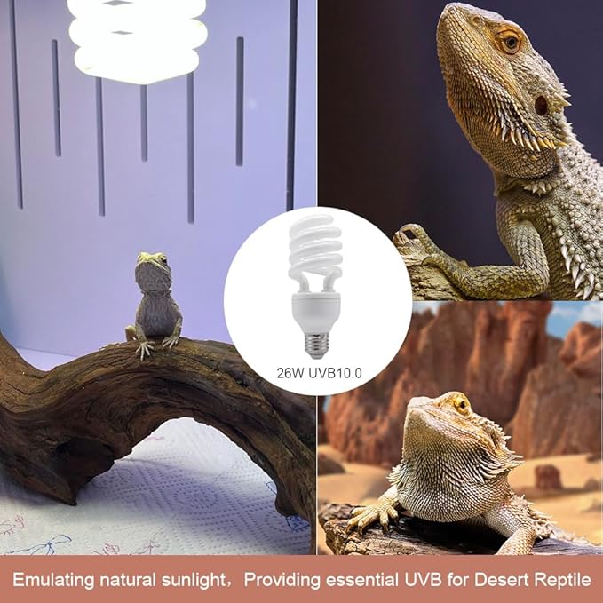 UVB Light Bulb for Reptiles, 26W 10.0 UVA UVB Heat Lamp Bulbs Ideal for Rainforest Reptiles, Bearded Dragons Lizard Turtle Tortoise Iguanas Chameleons Snake (2 Pack)