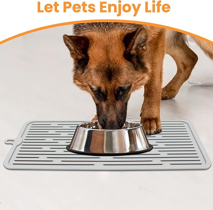 Ptlom Pet Placemat for Dog and Cat, Anti-Slip Waterproof Dogs Feeding Mat Prevent Food and Water Overflow, Bowl Mats Suitable for Medium and Small Pets, Light Gray, Silicone