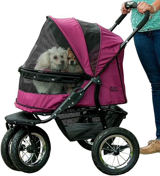 Pet Gear NO-Zip Double Pet Stroller, Zipperless Entry, for Single or Multiple Dogs/Cats, Plush Pad + Weather Cover Included, Large Gel-Filled Tires, 1 Model 3 Colors New Boysenberry