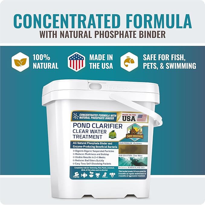 Pond Clear Water Treatment - 16 Pack for 8 Months of Pond Cleaner Supply - Pond Clarifier for Outdoor Ponds โ 100% Natural Pond Bacteria Packets - Made in The USA - Safe for Fish, Pets, and Swimming