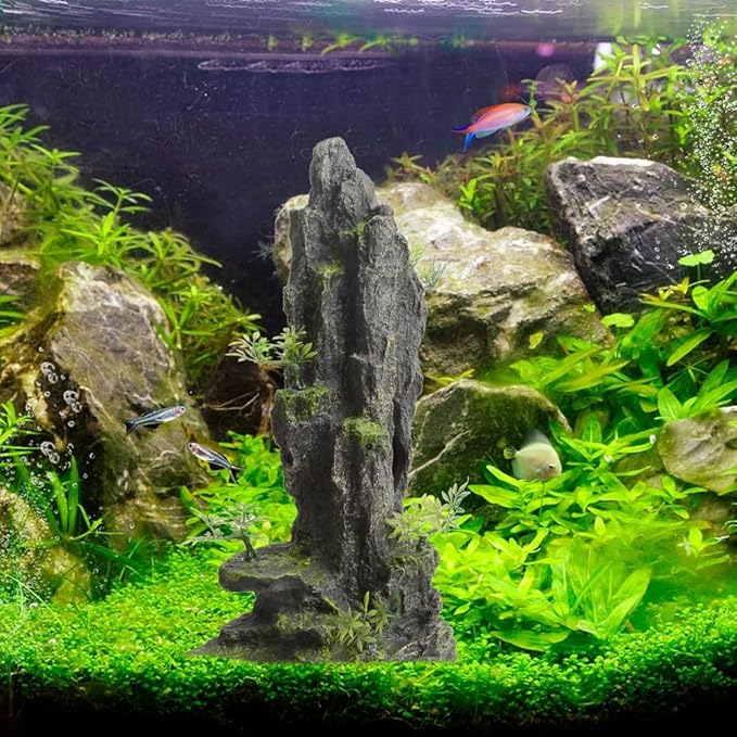 AnRui Aquarium Decorations Large and Tall Mountain View Stone Betta Hideout Fish Tank Accessories Decor Cute Tree Rock Cave Landscape for Turtles, Fish to Play, 14.4inch