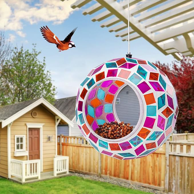 Yinns Glass Bird Feeders Outside, Hanging Mosaic Bird Feeder, Round Shape Fly Through Container Wild Birdfeeder for Garden, Backyard Decor